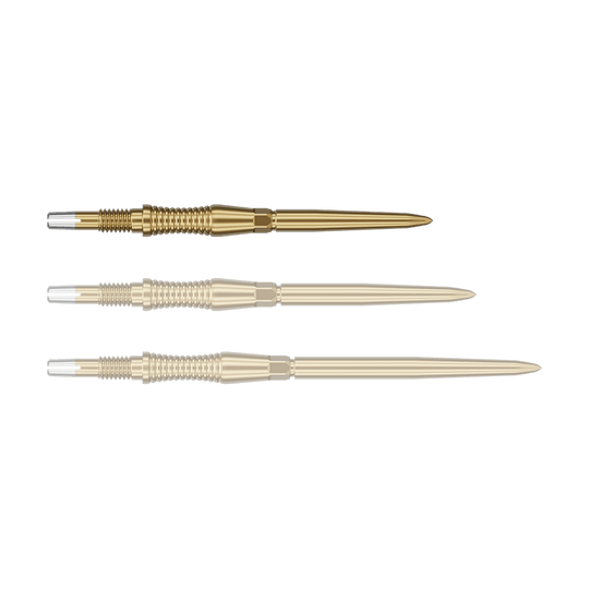 Target Swiss Point Dart Tips Signature RST - Gold Das Bild zeigt eine Darts-Spitze von Target in Gold, vermutlich aus der Swiss Point Signature RST Serie mit 30mm Länge. Die Spitze hat ein detailliertes Design und reflektiert das Licht.