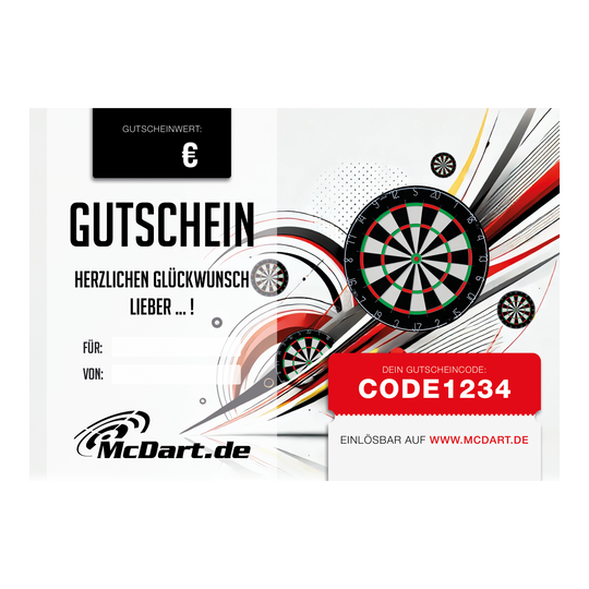 Voucher - Dartboards Das Bild zeigt einen Geschenkgutschein für Dartboards von McDart.de. Auf dem Gutschein sind mehrere Dartboards sowie ein Gutscheincode abgebildet.