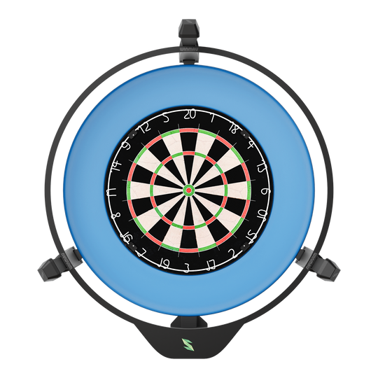 Das Bild zeigt das Produkt "Scolia Home 2 FLEX - Elektronisches Punktesystem" für Dartscheiben. Es besteht aus einem runden Rahmen mit Beleuchtung und einer klassischen Dartscheibe in der Mitte.