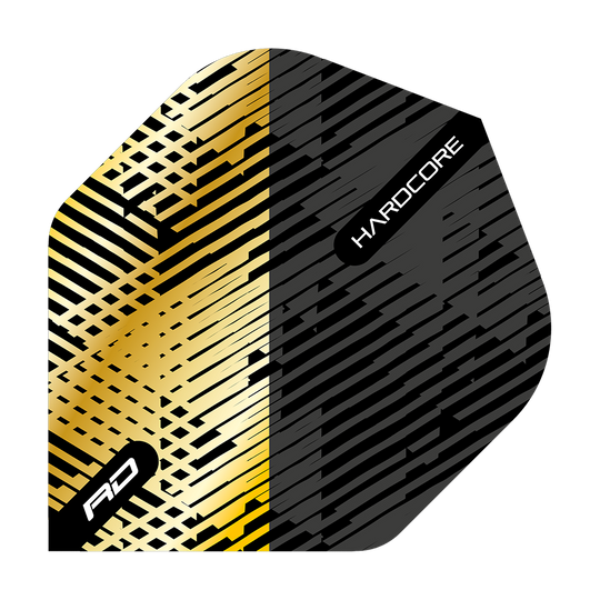 Dieses Bild zeigt ein Dartflight mit einem auffälligen Design in Gold und Schwarz. Auf dem Flight sind die Worte „RD“ und „HARDCORE“ zu sehen.