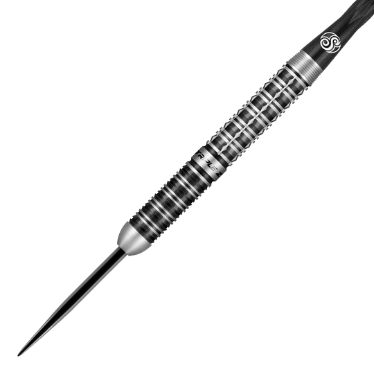 Shot Niels Zonneveld V2 steel darts Das Bild zeigt einen Shot Niels Zonneveld V2 Steeldart. Der Dart hat ein silber-schwarzes, geriffeltes Design für besseren Halt.