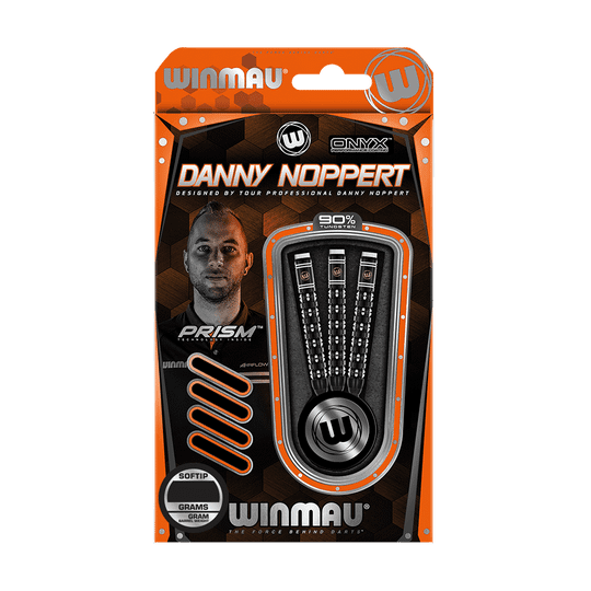 Auf dem Bild ist das Produkt „Winmau Danny Noppert Freeze Edition Softdarts - 20g“ zu sehen. Die Verpackung zeigt drei Darts mit schwarzem Design und das Porträt des Spielers Danny Noppert.
