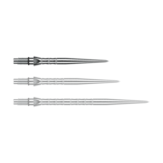 Das Foto zeigt Winmau Switch Point Wave Silver Effect Steeldartspitzen mit 26 mm. Die silberfarbenen Steeldartspitzen sind in der Nahaufnahme sichtbar.
