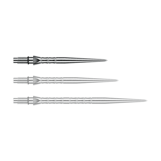 Winmau Switch Point Wave steel dart tips - Silver Effect Das Foto zeigt Winmau Switch Point Wave Silver Effect Steeldartspitzen mit 26 mm. Die silberfarbenen Steeldartspitzen sind in der Nahaufnahme sichtbar.