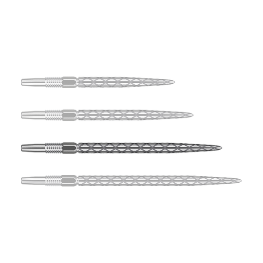 Target Swiss Diamond Pro Silver Points dart tips Das Bild zeigt vier silberne Dartspitzen, die nebeneinander liegen. Jede Spitze hat eine rautenförmige Struktur und ist aus Metall gefertigt.