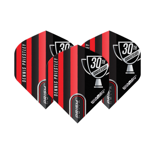 Winmau Prism Delta Dennis Priestley Diamond 3-Zero No2 Standard Flights Das Bild zeigt drei Dartflights der Marke Winmau in rot-schwarzem Design. Auf den Flights steht "Dennis Priestley" und "30th Anniversary".