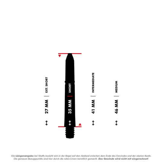 7011_001_Winmau_Pro-Force_Shafts_4Var_5_35mmZMnhGsROX6rCz Das Bild zeigt eine Übersicht der Längen verschiedener Winmau Pro-Force Shafts in Weiß. Es sind die Größen Extra Short (27 mm), Short (35 mm), Intermediate (41 mm) und Medium (46 mm) dargestellt.