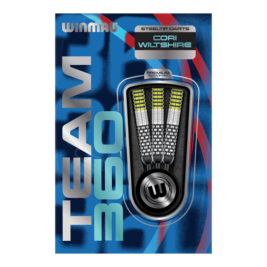 Gezeigt werden die Winmau Team 360 Cori Wiltshire Steeldarts, 24g schwer. Die Darts bieten hervorragende Kontrolle und Präzision beim Spielen.
