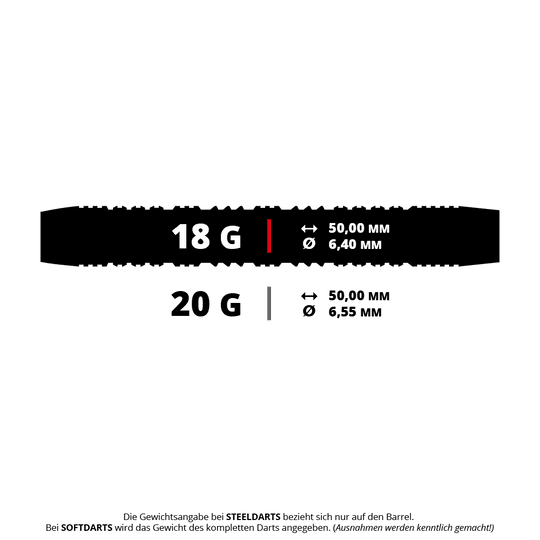 Illustration eines Harrows Impact Softdarts mit 18 Gramm Gewicht. Der Softdart ist für den Einsatz an elektronischen Dartscheiben geeignet.
