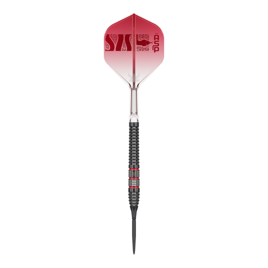 Foto von Target Nathan Aspinall 95K Swiss Point Steeldarts. Die Steeldarts sind aus einer bestimmten Perspektive zu sehen.