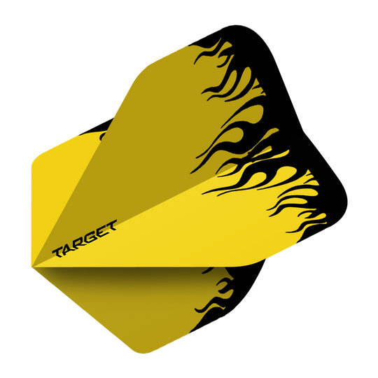 Das Bild zeigt das Produkt „Target Yellow Flame No2 Standard Flights“. Die Dart-Flights sind gelb mit schwarzen Flammen und dem Schriftzug "Target".