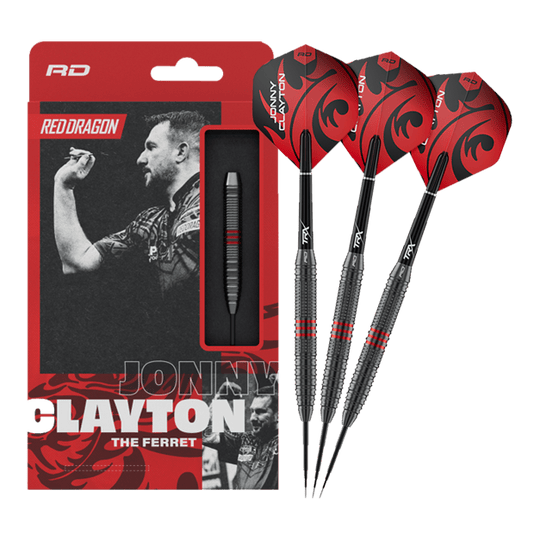 Dieses Bild zeigt die Red Dragon Jonny Clayton Core Brass Steeldarts - 21g in voller Länge. Die Darts haben goldene Rillen und rote sowie schwarze Details am Flight.