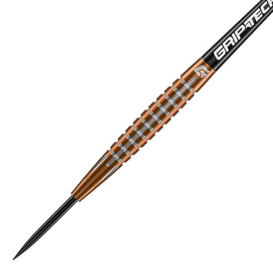 GOAT Quarterback V1 Tungsten Steel Darts Das Bild zeigt einen GOAT Quarterback V1 Tungsten Steeldart. Der Dart hat einen goldenen, geriffelten Schaft und eine schwarze Spitze.