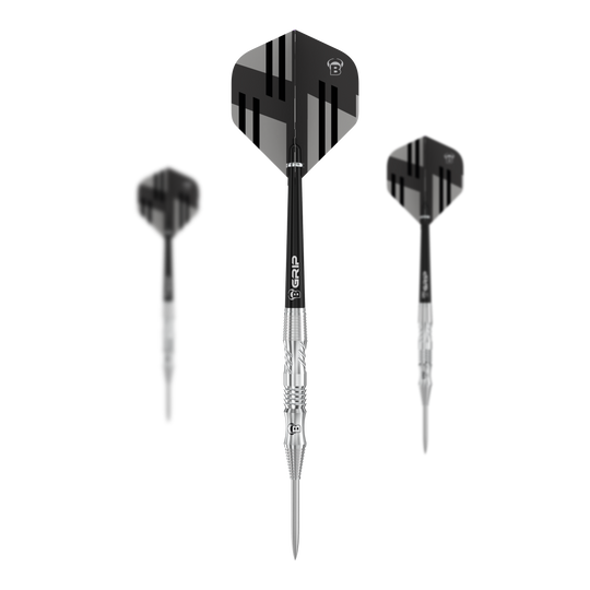 Bulls Tac T1 Steeldarts Das Bild zeigt drei Bulls Tac T1 Steeldarts mit silbernen Spitzen und schwarzem Flight. Die Flights haben ein modernes, schwarz-graues Streifendesign.