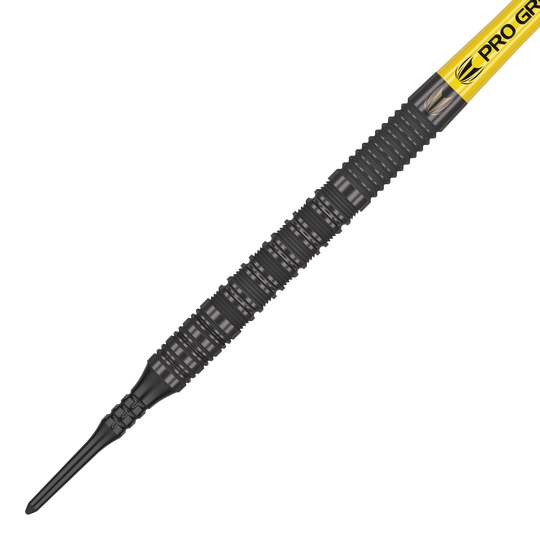 Target Bolide Void 10 soft darts Das Bild zeigt einen Target Bolide Void 10 Softdart mit einer schwarzen, strukturierten Spitze. Am oberen Ende ist ein gelber Schaft mit der Aufschrift "Pro Grip" zu sehen.
