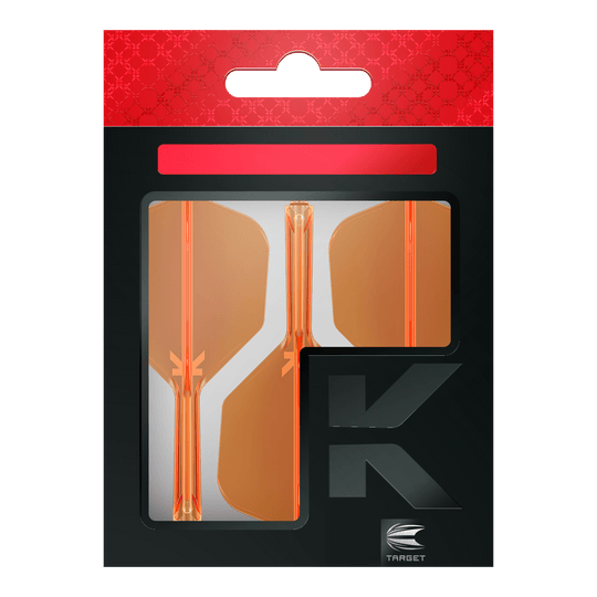 Target K-Flex No6 Flight System - Neon Orange Die Verpackung zeigt drei neonorange Dart-Flights der Marke Target. Das Design ist modern mit einem schwarz-roten Hintergrund und einem großen "K" auf der Vorderseite.