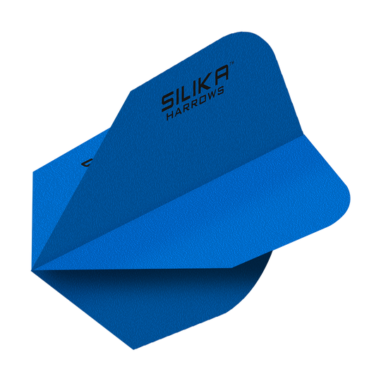Das Bild zeigt blaue Dartflights mit der Aufschrift "Silika Harrows". Die Flights haben eine feste, kristalline Beschichtung und sind in der Form No6 gestaltet.