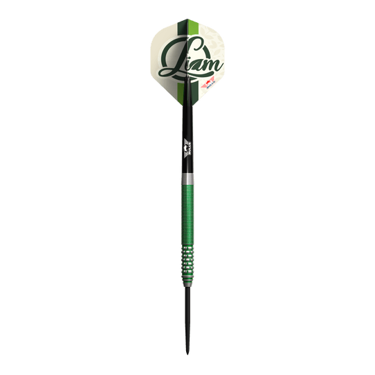 Bulls NL Liam Maendl Lawrance Steeldarts - 23g Auf dem Bild ist ein Steeldart mit grünen Akzenten und dem Namen "Liam" auf dem Flight zu sehen. Es handelt sich um das Produkt "Bulls NL Liam Maendl Lawrance Steeldarts - 23g".