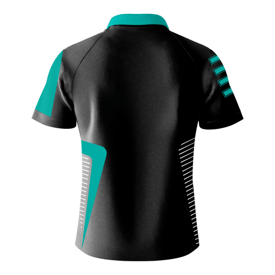 Das Bild zeigt das "Bulls Team Dartshirt - Mint" von hinten. Das Shirt ist überwiegend schwarz mit mintfarbenen und weißen Akzenten.