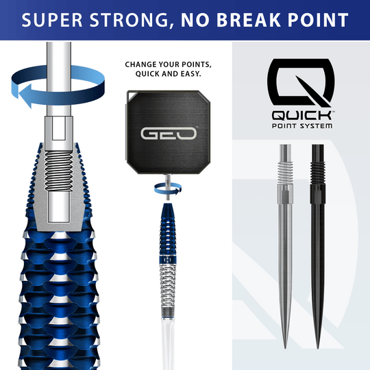 Harrows GEO Torpedo Quick Point Steel Darts Das Bild zeigt Harrows GEO Torpedo Quick Point Steeldarts. Die silbernen Darts sind detailliert dargestellt.