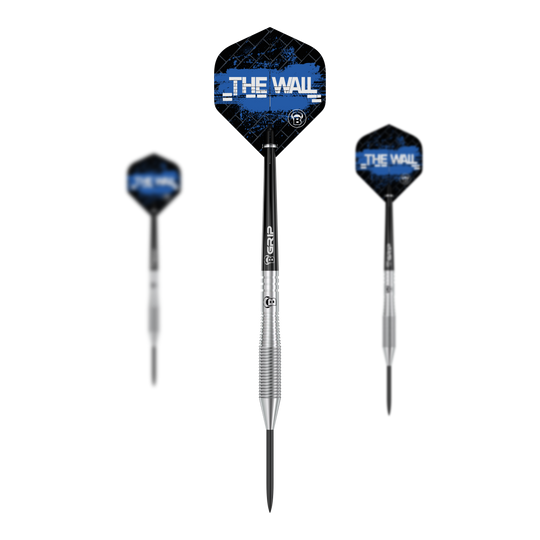 Bulls Martin Schindler TW80 steel darts Auf dem Bild sind drei Steeldarts des Modells "Bulls Martin Schindler TW80" zu sehen. Die Flights sind schwarz-blau und tragen den Schriftzug "THE WALL".