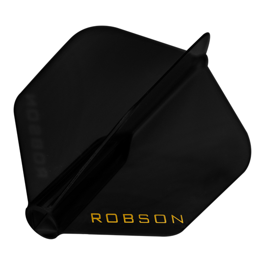 Das Bild zeigt einen schwarzen Dart-Flügel mit der Aufschrift "ROBSON" in gelber Farbe. Der Flügel hat eine standardmäßige, fünfeckige Form.