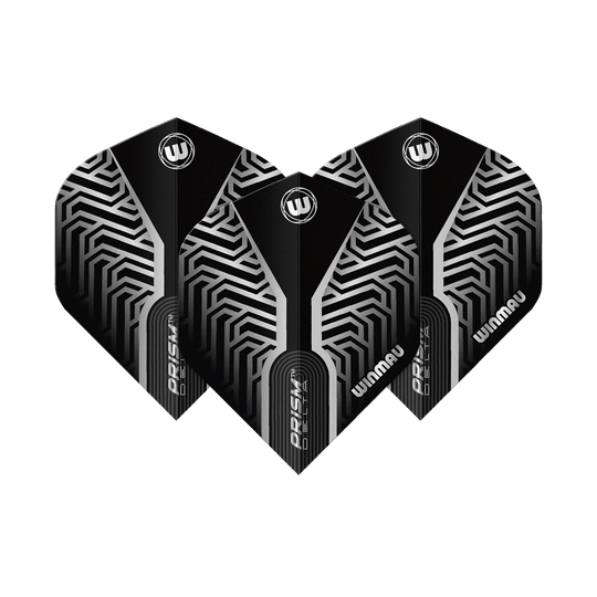 Winmau Prism Delta Silver No2 Standard Flights Dieses Bild zeigt Winmau Prism Delta Silver No2 Standard Flights. Silberne und schwarze Dart-Flights sind dargestellt.