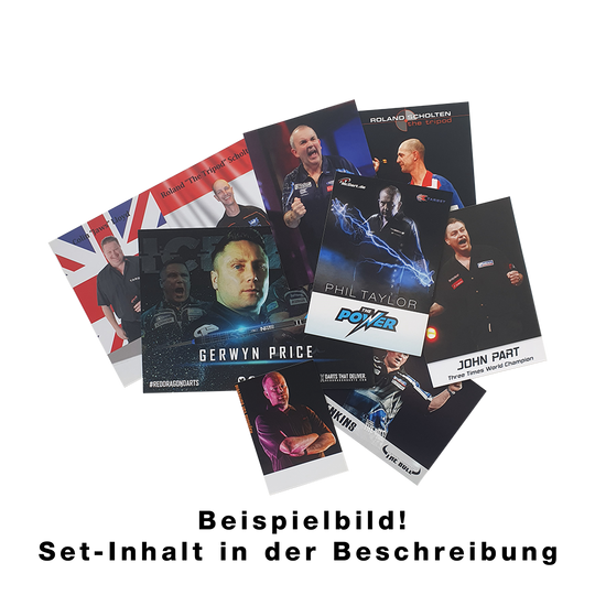 Player card set with autograph Das Bild zeigt ein Set von Spielerkarten mit bekannten Dartspielern. Auf den Karten sind Fotos und Namen der Spieler abgebildet.