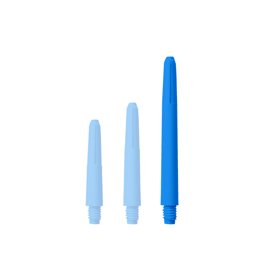 574_Nylon_Shafts_Blau_48mm_1Bvzzvt0GQ8W3G Das Bild zeigt drei blaue Nylon-Schäfte in unterschiedlichen Längen. Sie haben ein Schraubgewinde an einem Ende und sind für den Einsatz bei Darts gedacht.