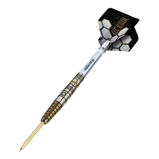 Unicorn Hexium Style 03 Gold & Black Steeldarts Unicorn Hexium Style 03 Gold & Black Steeldarts sind auf diesem Bild zu sehen. Das Design kombiniert schwarze und goldene Elemente auf den Steeldarts.