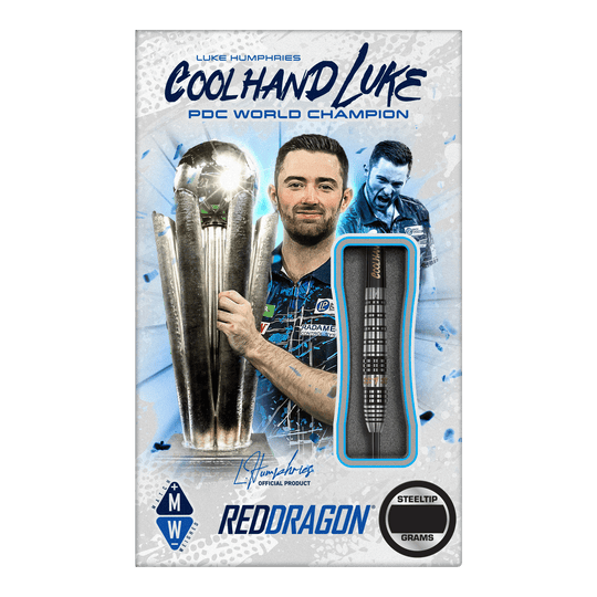 Red Dragon Luke Humphries Prestige Steel Darts Das Bild zeigt das Produkt "Red Dragon Luke Humphries Prestige Steeldarts". Auf der Verpackung ist Luke Humphries mit einem Pokal und einem Steeldart abgebildet.