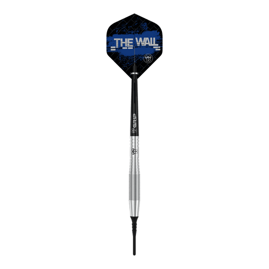 Dies ist ein Bulls Martin Schindler TW80 Softdart mit einem Gewicht von 18g. Auf dem Flight steht in blauer Schrift "THE WALL".