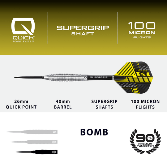 Harrows NX90 Bomb Quick Point Steel Darts Hier ist das Produkt Harrows NX90 Bomb Quick Point Steeldarts abgebildet. Die Darts werden für professionelle Spiele verwendet.
