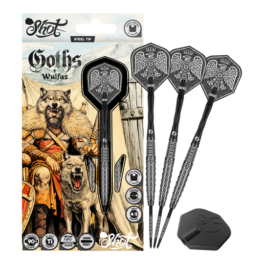 Shot Goths Wulfaz Turbo Point Steel Darts - 23g Auf diesem Bild sieht man die Shot Goths Wulfaz Turbo Point Steeldarts - 23g in voller Ansicht. Das Design ist auffällig und für Dart-Fans interessant.