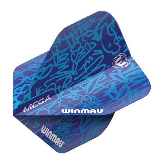 Das Bild zeigt die Winmau Mega Blue Standard Flights. Sie haben ein auffälliges blaues Design mit hellblauen Schriftzügen und dem Winmau-Logo.