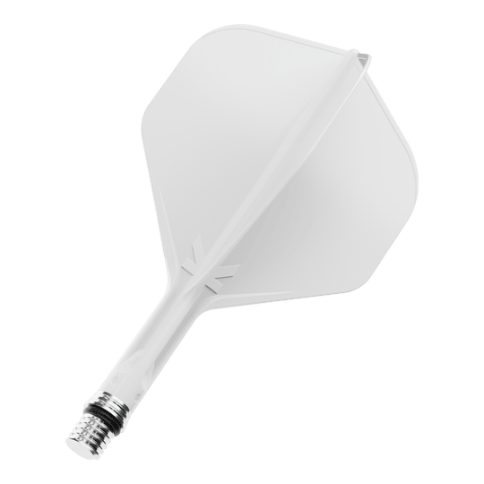 Das Bild zeigt einen weißen Dart Flight. Es handelt sich wahrscheinlich um die Variante mit 19 mm Größe.