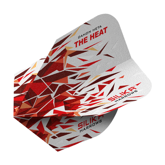 Dies ist ein Harrows Silika Damon Heta 2 Solid Tough Crystalline Coating No6 Flight. Das Flight-Design zeigt ein auffälliges Muster in Rot-, Weiß- und Goldtönen mit den Aufschriften "THE HEAT" und "SILIKA".