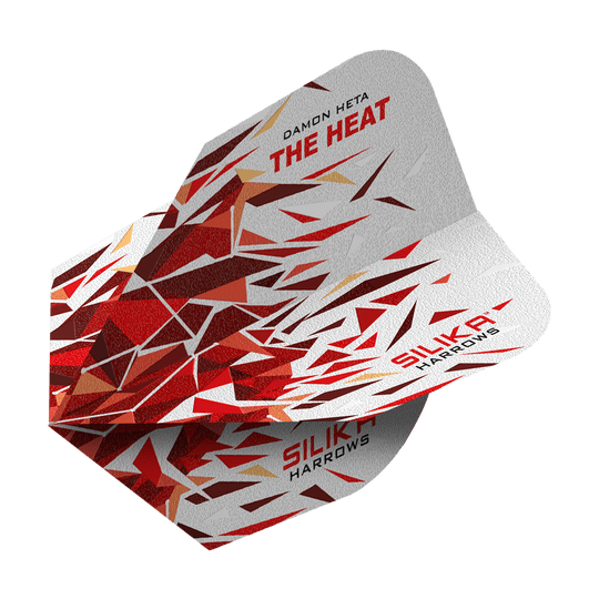 Harrows Silika Damon Heta 2 Solid Tough Crystalline Coating No6 Flights Dies ist ein Harrows Silika Damon Heta 2 Solid Tough Crystalline Coating No6 Flight. Das Flight-Design zeigt ein auffälliges Muster in Rot-, Weiß- und Goldtönen mit den Aufschriften "THE HEAT" und "SILIKA".