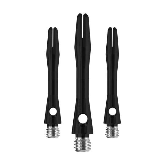 HR366_Harrows_Keramic_Shafts_Schwarz_35mm_1pOJsXRXKWghyk Das Bild zeigt drei Harrows Keramic Shafts in Matt Schwarz. Die Shafts haben eine glatte Oberfläche und ein silbernes Schraubgewinde.