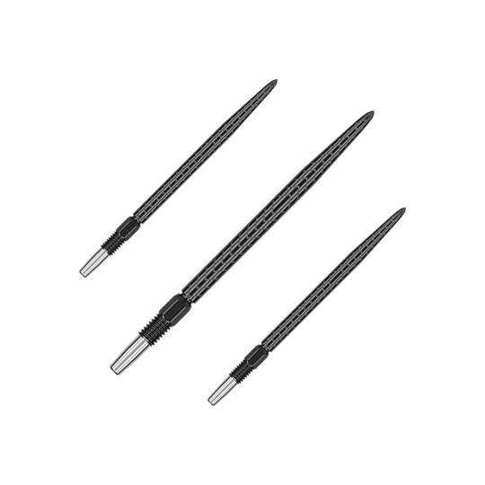 Target Swiss Point RVE dart tips - Black Das Bild zeigt drei schwarze Dartspitzen, die nebeneinander liegen. Sie sind schlank und haben ein strukturiertes Muster entlang der Spitze.