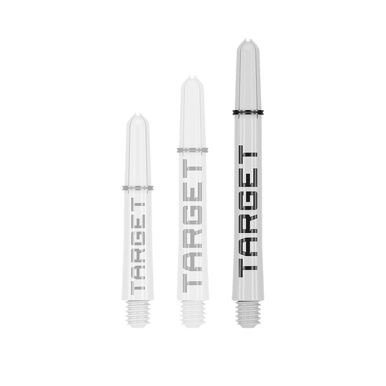 Auf dem Bild sind drei weiße Dartschäfte in unterschiedlichen Längen zu sehen. Auf jedem Schaft steht das Wort "TARGET" in schwarzen Buchstaben.