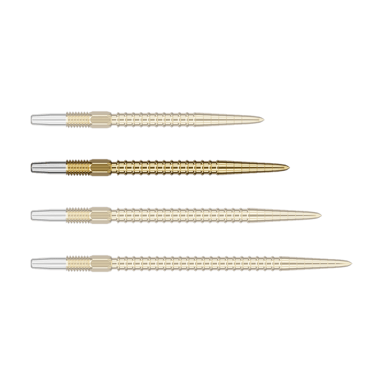 Target Swiss Point Chrono Dart Tips - Gold Auf dem Bild sind vier goldene Dartspitzen mit silbernem Anschluss zu sehen. Sie sind gleichmäßig nebeneinander angeordnet.