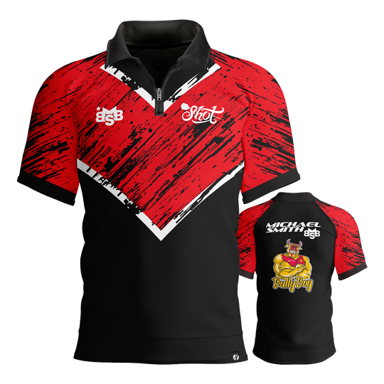 Shot Michael Smith Red Stripe Polo Dart Shirt Abgebildet wird das Shot Michael Smith Red Strip Polo Dartshirt. Dieses Polo ist ideal für Dartspieler und Fans.