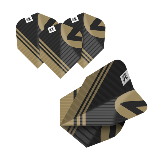 Das Bild zeigt fünf Sets der "Target Pro Ultra Chicane Multipack Ten-X Flights". Die Flights sind schwarz mit goldenen Streifen und einem auffälligen Design.