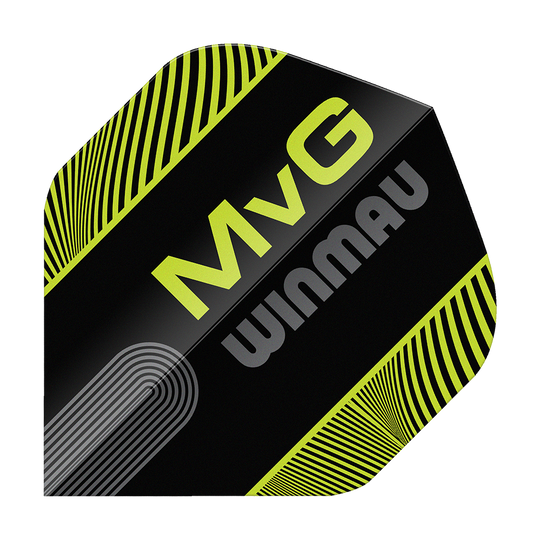 Winmau Prism Delta MvG Black Green Text No2 Standard Flights Zu sehen ist das Produkt Winmau Prism Delta MvG Black Green Text No2 Standard Flights. Die Flights sind für Darts, in den Farben Schwarz und Grün mit Text.
