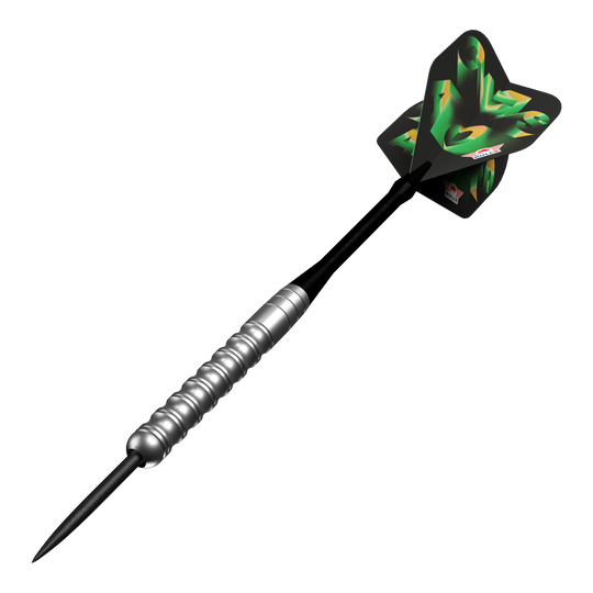 Das Bild zeigt die Bulls NL Chaos Green Steeldarts - 24g. Die grünen Steeldarts sind nebeneinander angeordnet.