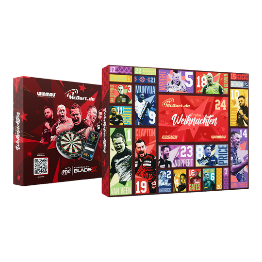 Hier ist der McDart Steel-Darts Adventskalender 2026 abgebildet. Die Verpackung hebt das Adventskalender-Design für Darts-Spieler hervor.