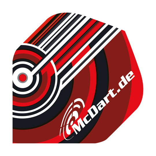 McDart Design V4 Standard Flights Das Bild zeigt das Produkt "McDart Design V4 Standard Flights". Das Flight-Design ist in Rot, Schwarz und Weiß gehalten und trägt die Aufschrift "McDart.de".