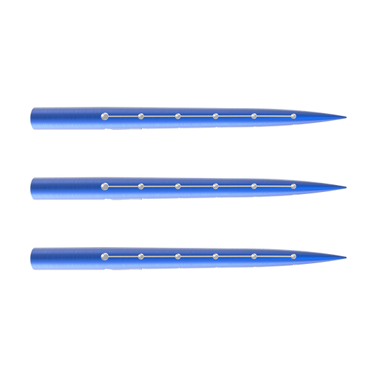 672_57722_Bulls_Azza_Point_Steeldartspitzen_1USA0UFlxSKRQj Das Bild zeigt drei blaue Steeldartspitzen der Marke Bulls Azza Points. Die Spitzen haben entlang ihrer Länge mehrere kleine silberne Einkerbungen.