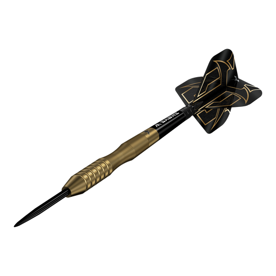 Mission Viktor Tingstrom Gold Steeldarts - 22g wird im Bild präsentiert. Die Abbildung verdeutlicht die goldene Oberfläche der Darts.